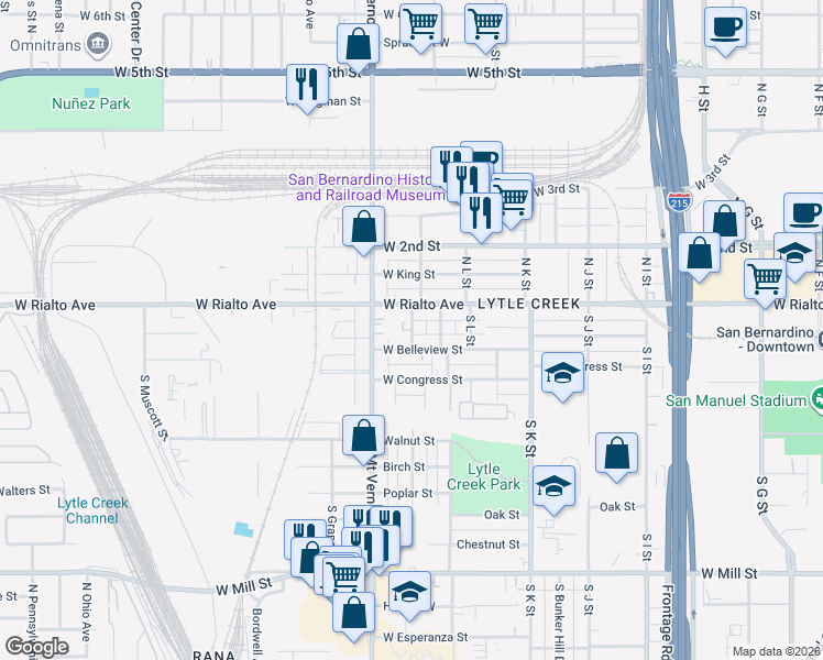 map of restaurants, bars, coffee shops, grocery stores, and more near 126 South Giovanola Avenue in San Bernardino