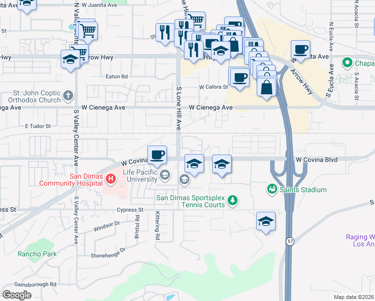 map of restaurants, bars, coffee shops, grocery stores, and more near 1044 Kent Street in San Dimas