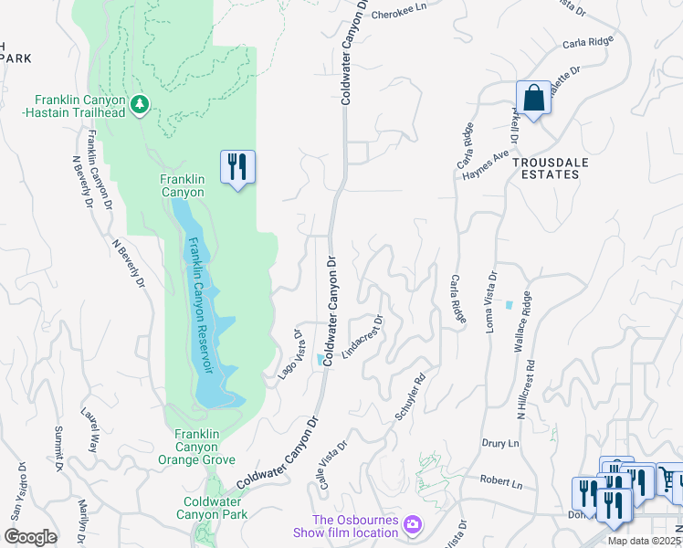 map of restaurants, bars, coffee shops, grocery stores, and more near 1250 Coldwater Canyon Drive in Beverly Hills