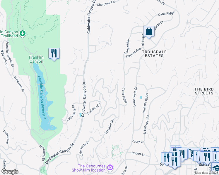map of restaurants, bars, coffee shops, grocery stores, and more near 9369 Lloydcrest Drive in Beverly Hills