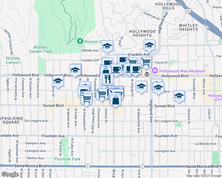 map of restaurants, bars, coffee shops, grocery stores, and more near 7075 Lanewood Avenue in Los Angeles