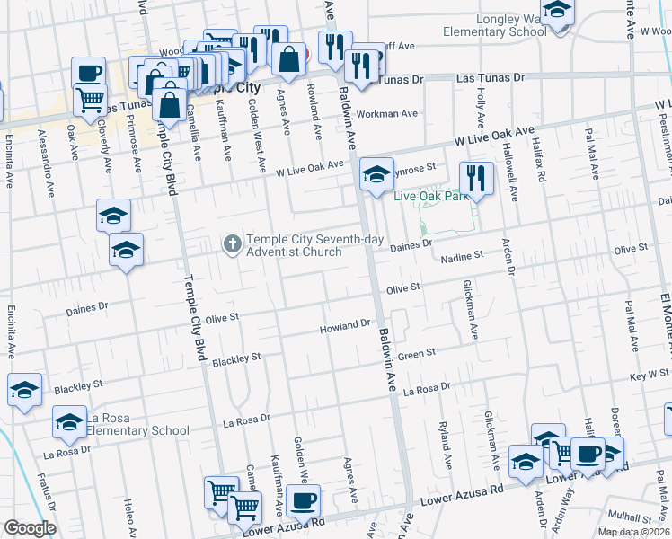 map of restaurants, bars, coffee shops, grocery stores, and more near 9713 Nadine Street in Temple City