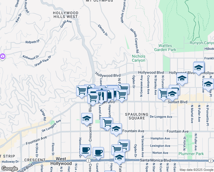 map of restaurants, bars, coffee shops, grocery stores, and more near 7949 Selma Avenue in Los Angeles