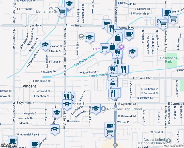map of restaurants, bars, coffee shops, grocery stores, and more near 1113 East Brookport Street in Covina