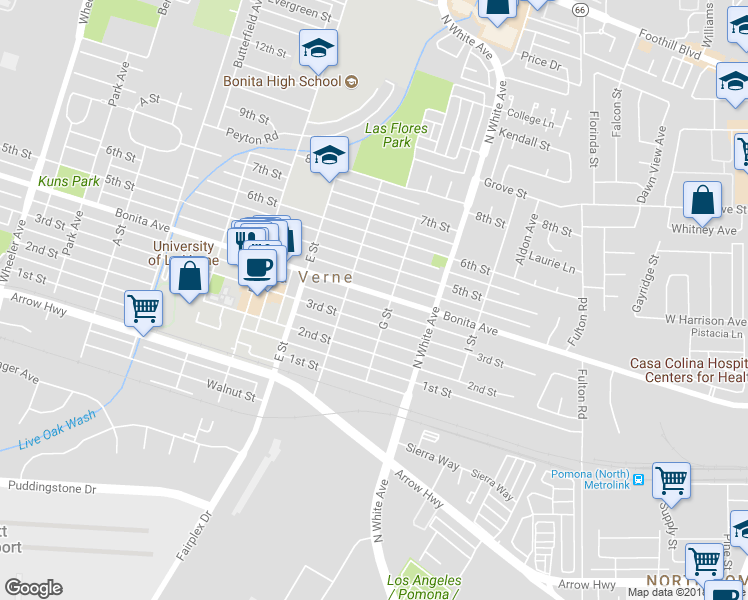 map of restaurants, bars, coffee shops, grocery stores, and more near 2356 Bonita Avenue in La Verne