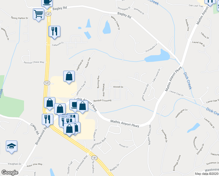 map of restaurants, bars, coffee shops, grocery stores, and more near 3299 Brown Thrasher Trace in Cumming