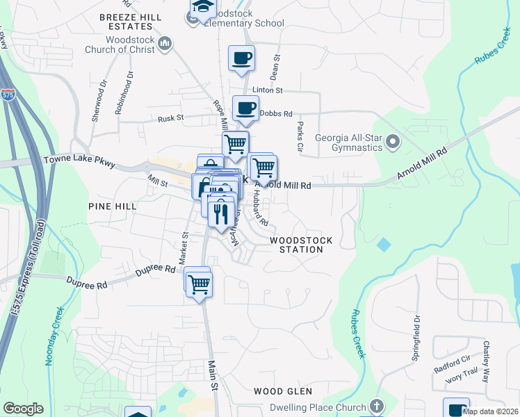 map of restaurants, bars, coffee shops, grocery stores, and more near 415 Bailey Lane in Woodstock