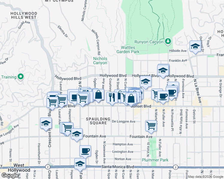 map of restaurants, bars, coffee shops, grocery stores, and more near 1545 Courtney Avenue in Los Angeles