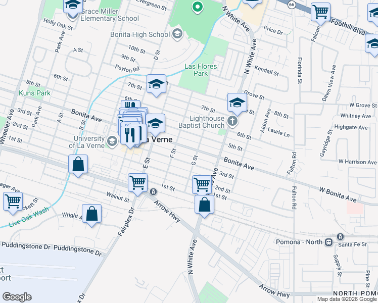 map of restaurants, bars, coffee shops, grocery stores, and more near 2358 Bonita Avenue in La Verne