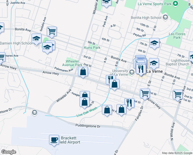 map of restaurants, bars, coffee shops, grocery stores, and more near 1766 1st Street in La Verne