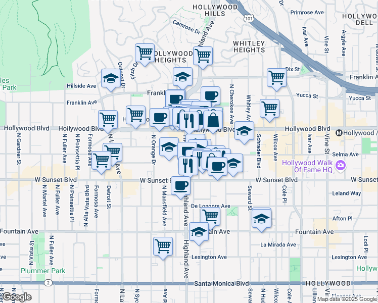 map of restaurants, bars, coffee shops, grocery stores, and more near 6760 Selma Avenue in Los Angeles