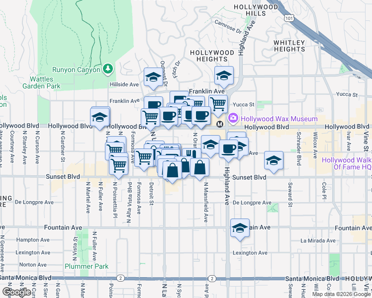 map of restaurants, bars, coffee shops, grocery stores, and more near 7027 Lanewood Avenue in Los Angeles