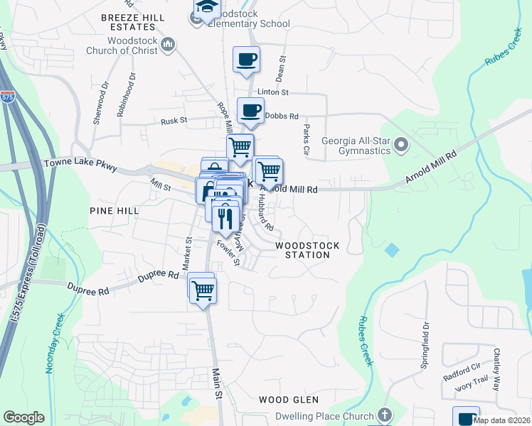 map of restaurants, bars, coffee shops, grocery stores, and more near 415 Bailey Lane in Woodstock