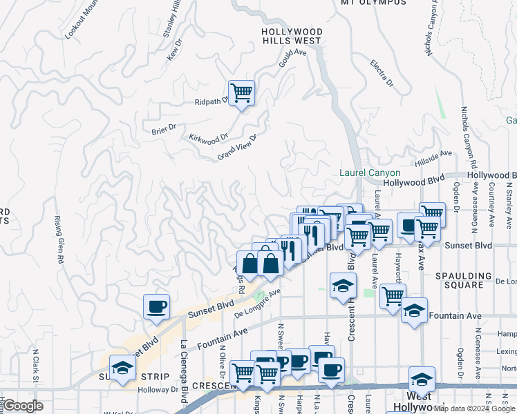 map of restaurants, bars, coffee shops, grocery stores, and more near 1619 Marmont Avenue in Los Angeles