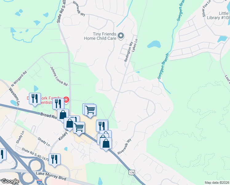 map of restaurants, bars, coffee shops, grocery stores, and more near 1141 Lykes Lane in Irmo