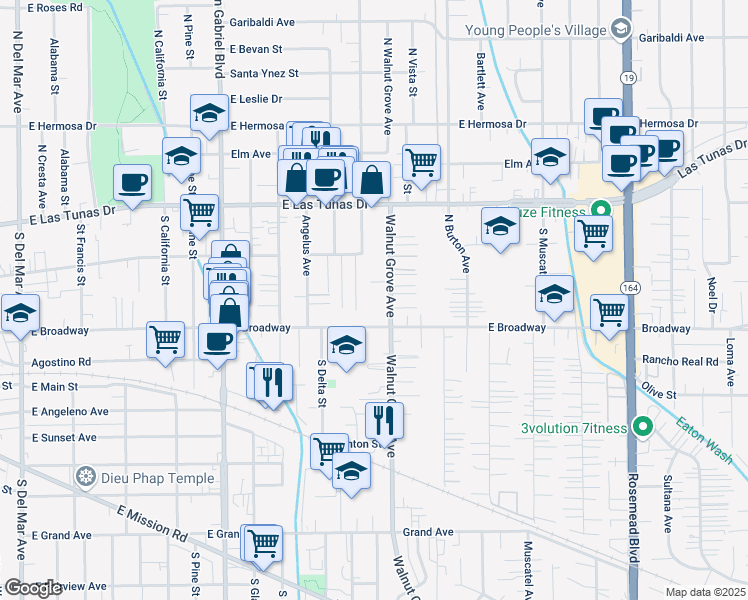 map of restaurants, bars, coffee shops, grocery stores, and more near in San Gabriel