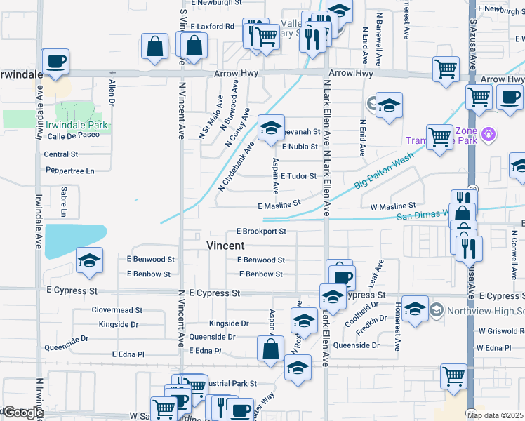 map of restaurants, bars, coffee shops, grocery stores, and more near 16630 East Masline Street in Covina
