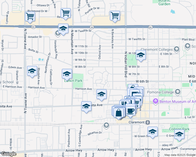 map of restaurants, bars, coffee shops, grocery stores, and more near 631 Leyden Lane in Claremont