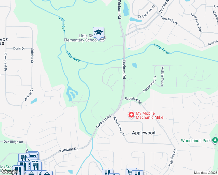 map of restaurants, bars, coffee shops, grocery stores, and more near 152 Nocatee Trail in Woodstock