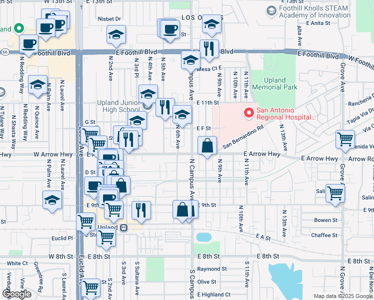 map of restaurants, bars, coffee shops, grocery stores, and more near in Upland