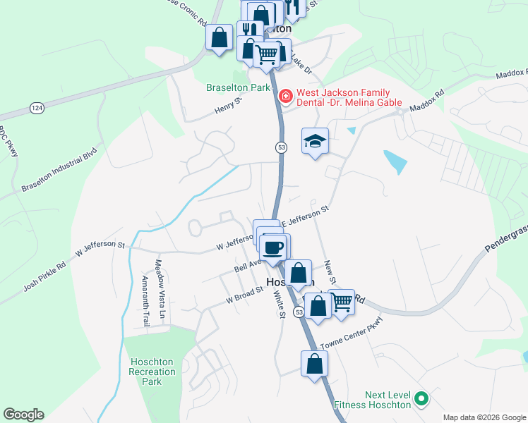 map of restaurants, bars, coffee shops, grocery stores, and more near 37 Main Street in Hoschton