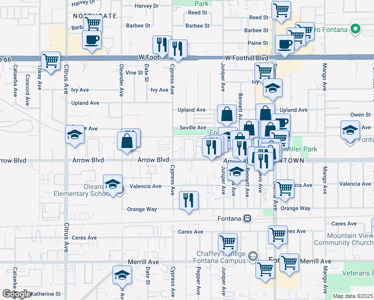 map of restaurants, bars, coffee shops, grocery stores, and more near 16550 Arrow Boulevard in Fontana
