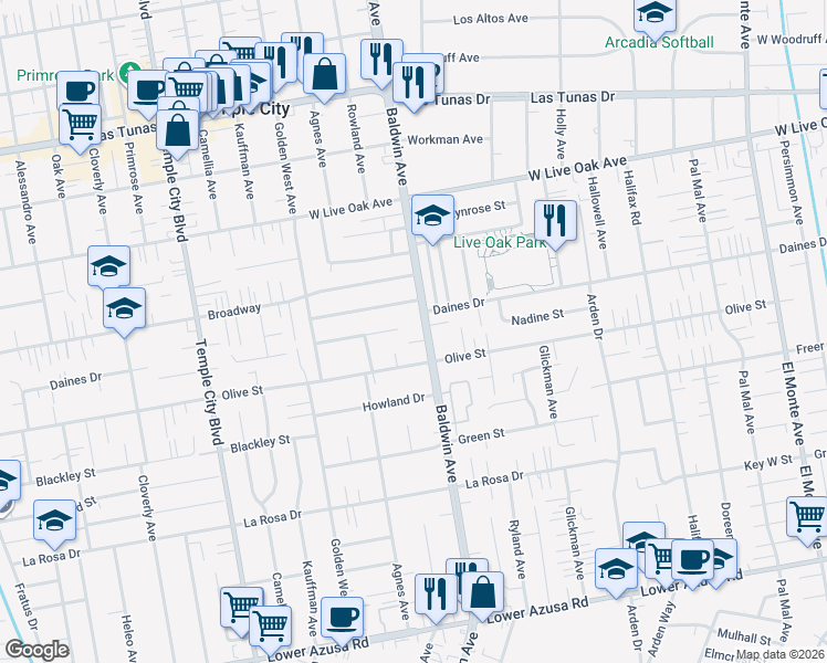 map of restaurants, bars, coffee shops, grocery stores, and more near 5439 Baldwin Avenue in Temple City
