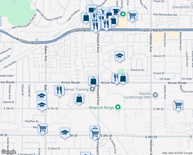 map of restaurants, bars, coffee shops, grocery stores, and more near 8463 Snow View Place in Rancho Cucamonga
