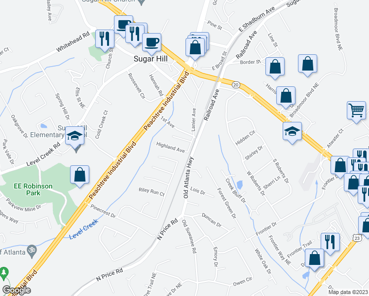 map of restaurants, bars, coffee shops, grocery stores, and more near 4747 Highland Avenue in Sugar Hill