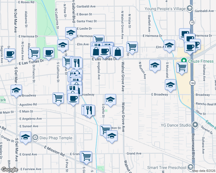 map of restaurants, bars, coffee shops, grocery stores, and more near 5517 North Del Loma Avenue in San Gabriel