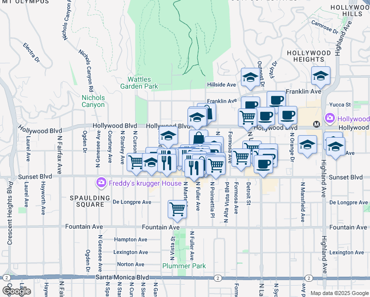 map of restaurants, bars, coffee shops, grocery stores, and more near 1605 North Martel Avenue in Los Angeles