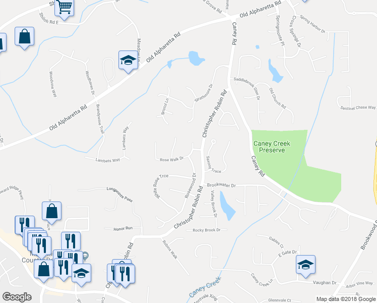map of restaurants, bars, coffee shops, grocery stores, and more near 2235 Rose Walk Drive in Alpharetta