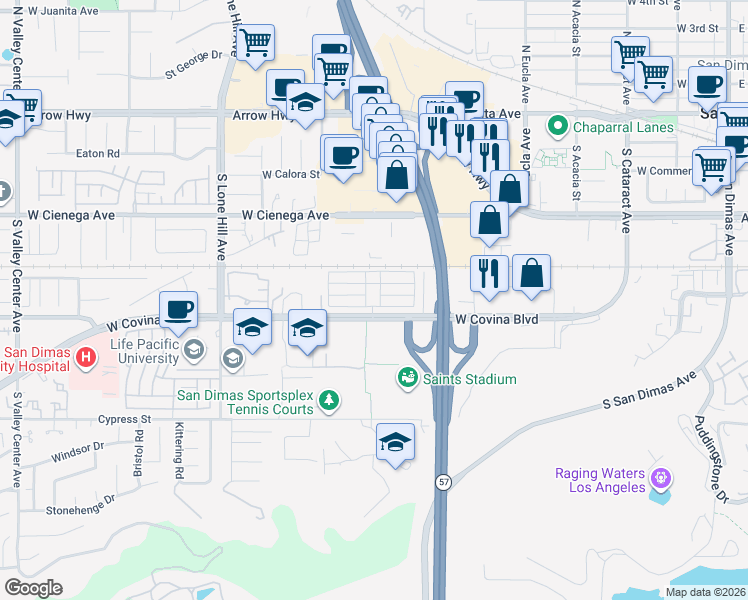 map of restaurants, bars, coffee shops, grocery stores, and more near 801 West Covina Boulevard in San Dimas