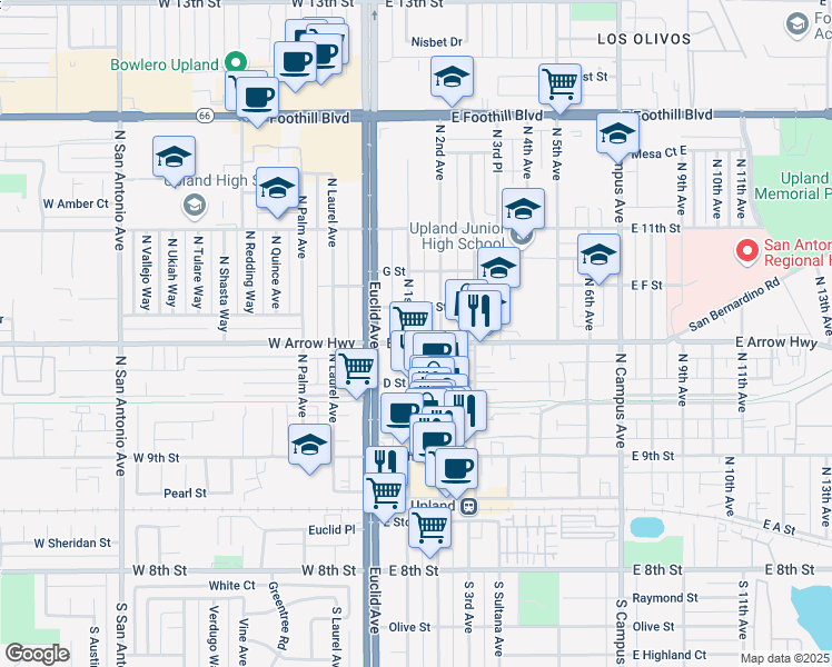 map of restaurants, bars, coffee shops, grocery stores, and more near 520 North 1st Avenue in Upland