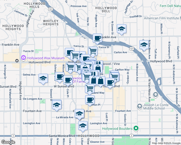 map of restaurants, bars, coffee shops, grocery stores, and more near 1540 Vine Street in Los Angeles