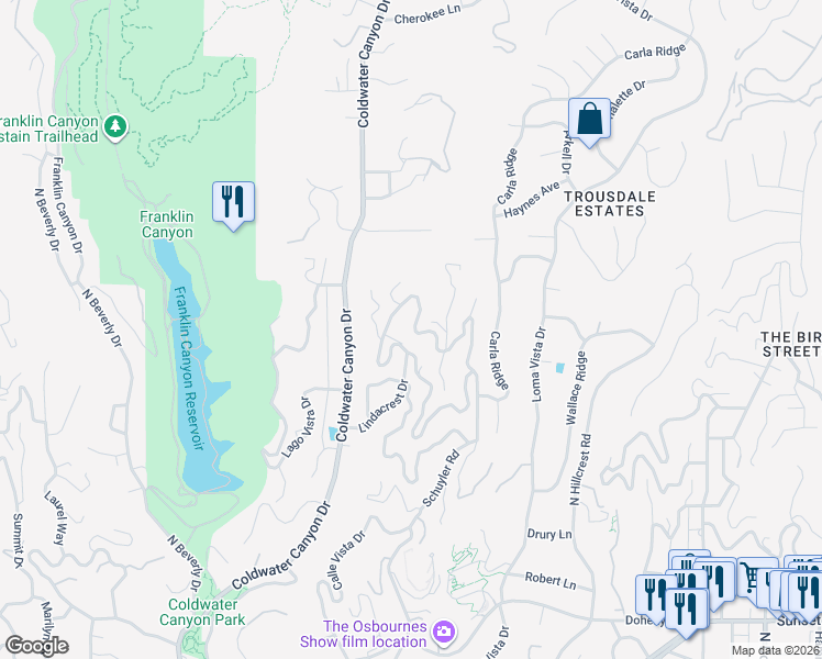 map of restaurants, bars, coffee shops, grocery stores, and more near 1532 Lindacrest Drive in Beverly Hills