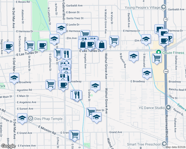map of restaurants, bars, coffee shops, grocery stores, and more near 5517 North Del Loma Avenue in San Gabriel