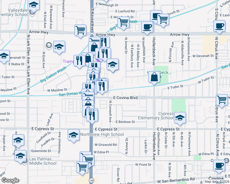 map of restaurants, bars, coffee shops, grocery stores, and more near 17618 North Conwell Avenue in Covina