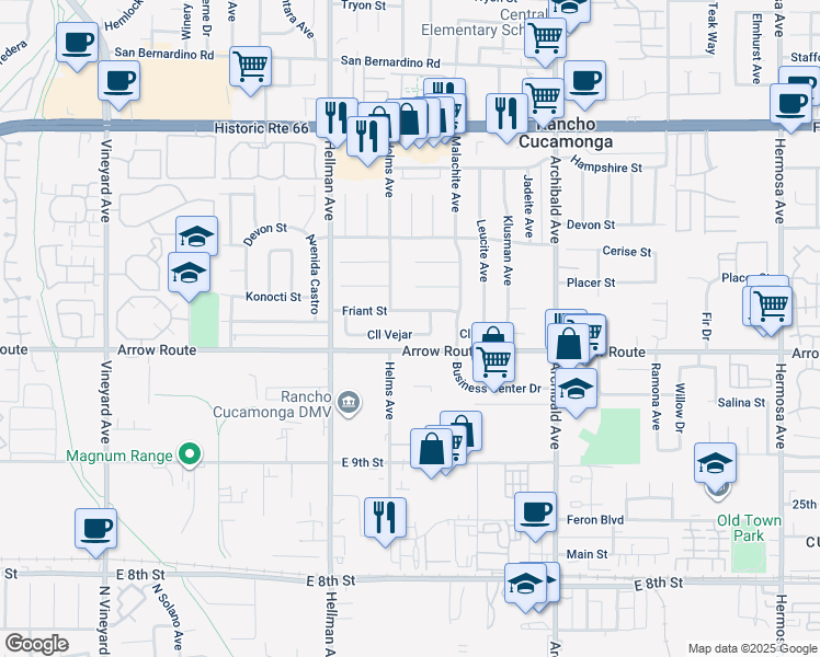 map of restaurants, bars, coffee shops, grocery stores, and more near 9473 Calle Vejar in Rancho Cucamonga