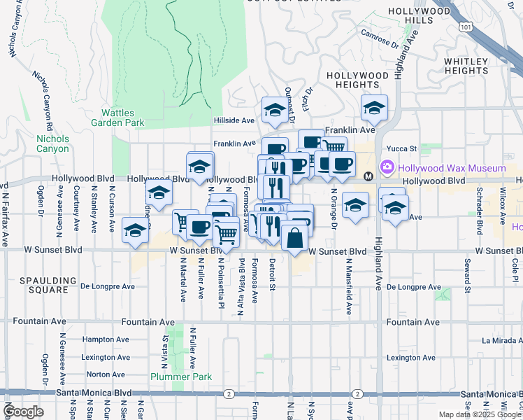 map of restaurants, bars, coffee shops, grocery stores, and more near 7133 Hawthorn Avenue in Los Angeles