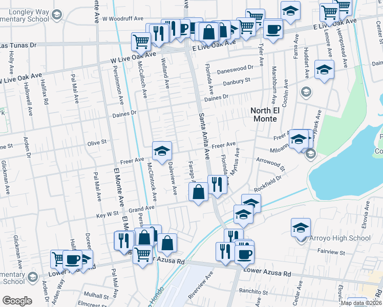 map of restaurants, bars, coffee shops, grocery stores, and more near 5240 Farago Avenue in Temple City