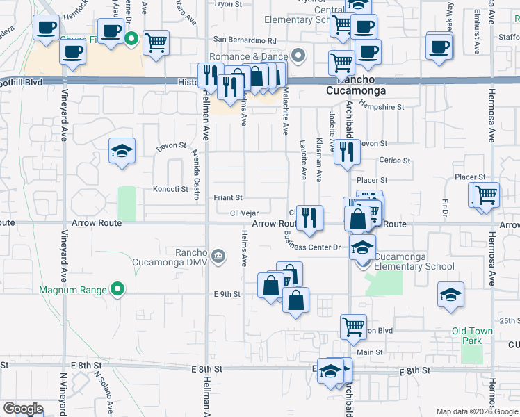 map of restaurants, bars, coffee shops, grocery stores, and more near 9448 Calle Vejar in Rancho Cucamonga