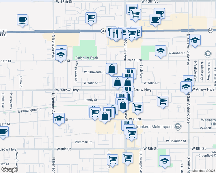 map of restaurants, bars, coffee shops, grocery stores, and more near 1322 West Arrow Highway in Upland