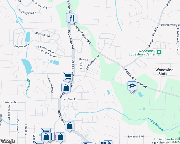 map of restaurants, bars, coffee shops, grocery stores, and more near 115 Linton Drive in Acworth