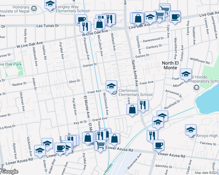 map of restaurants, bars, coffee shops, grocery stores, and more near 10815 Freer Street in Temple City