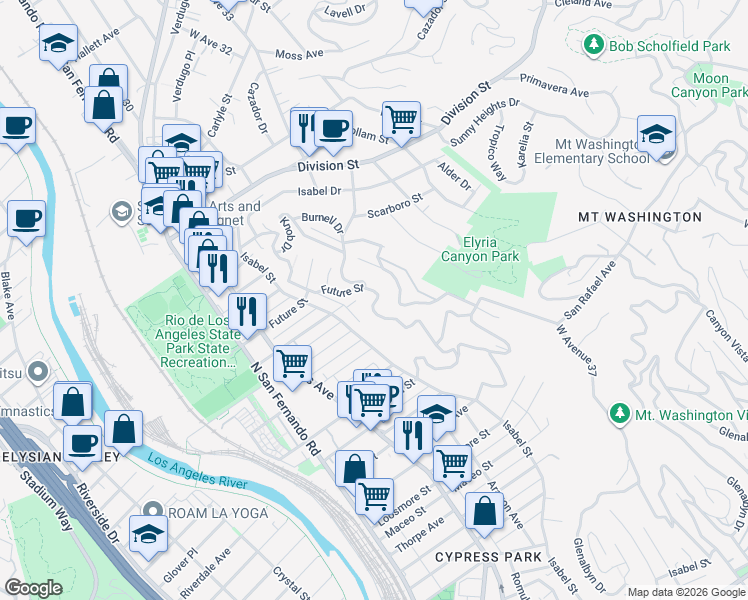 map of restaurants, bars, coffee shops, grocery stores, and more near 1526 Cliff Drive in Los Angeles