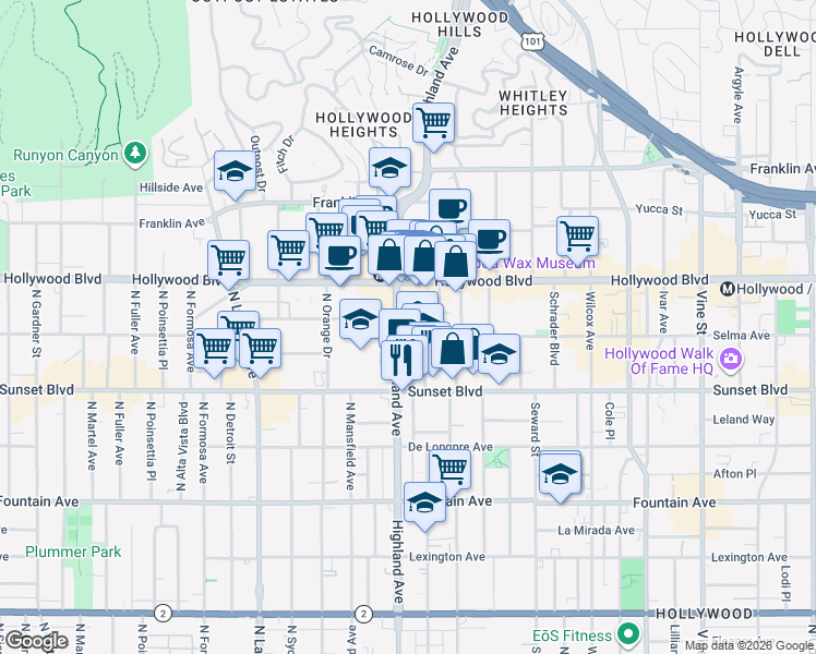 map of restaurants, bars, coffee shops, grocery stores, and more near 6775 Selma Avenue in Los Angeles