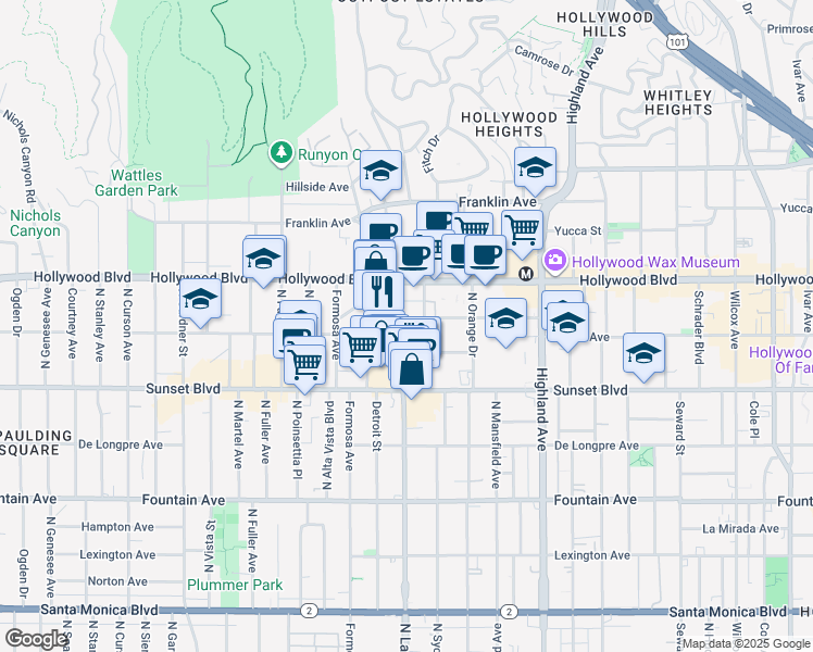 map of restaurants, bars, coffee shops, grocery stores, and more near 7075 Lanewood Avenue in Los Angeles