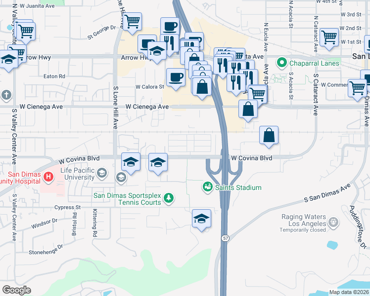 map of restaurants, bars, coffee shops, grocery stores, and more near 5 West Clubhouse Road in San Dimas
