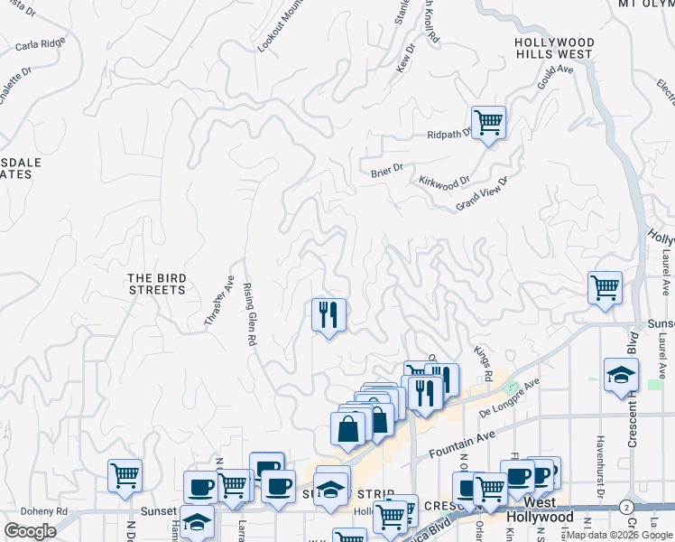 map of restaurants, bars, coffee shops, grocery stores, and more near 8825 Hollywood Boulevard in Los Angeles